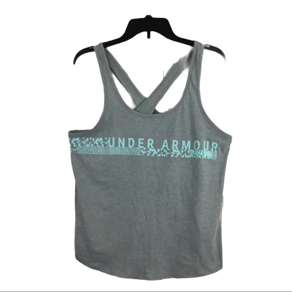 Under Armour Womens HeatGear Tank Top Grey Teal Crisscross Back Large Loose Fit